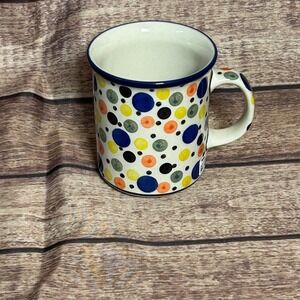 Ceramika Artystyczna Polish Pottery Mug Multi Color Polka Dot Hand Made Poland